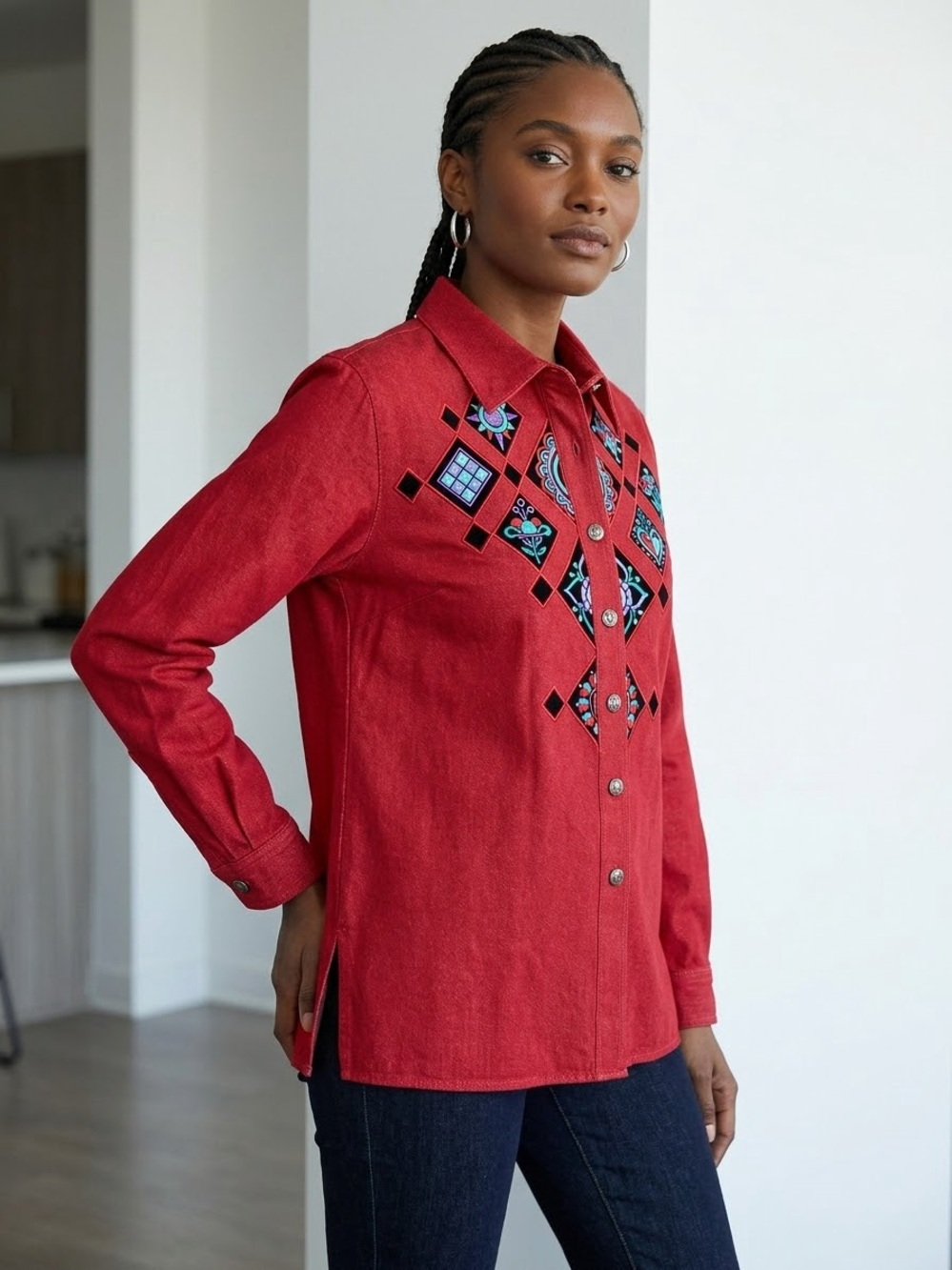 Vintage Bob Mackie Wearable Art Red Denim Embroidered Shirt Top S